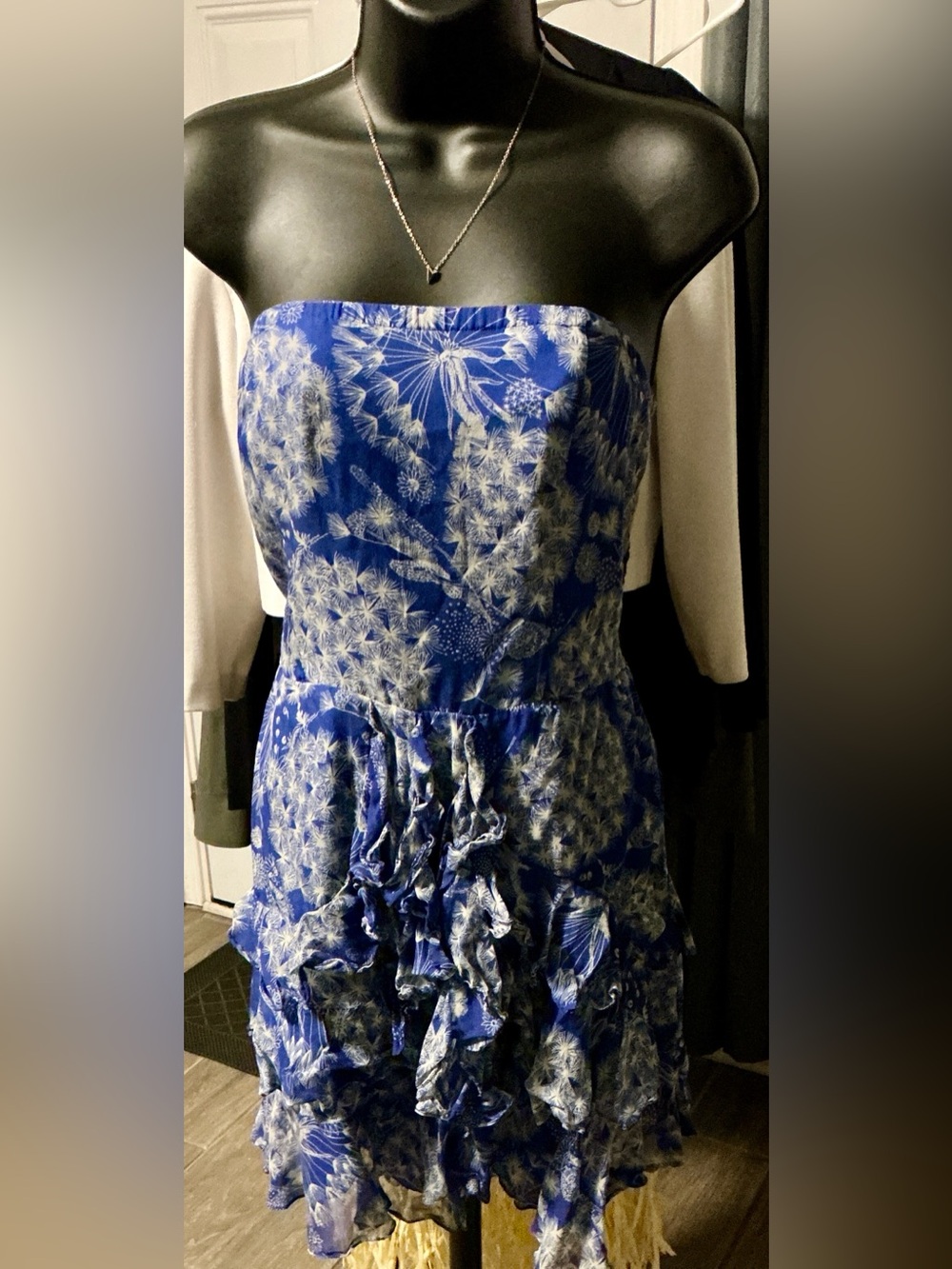 Rebecca Taylor Blue and White Strapless Floral Ruffle Dress size 12